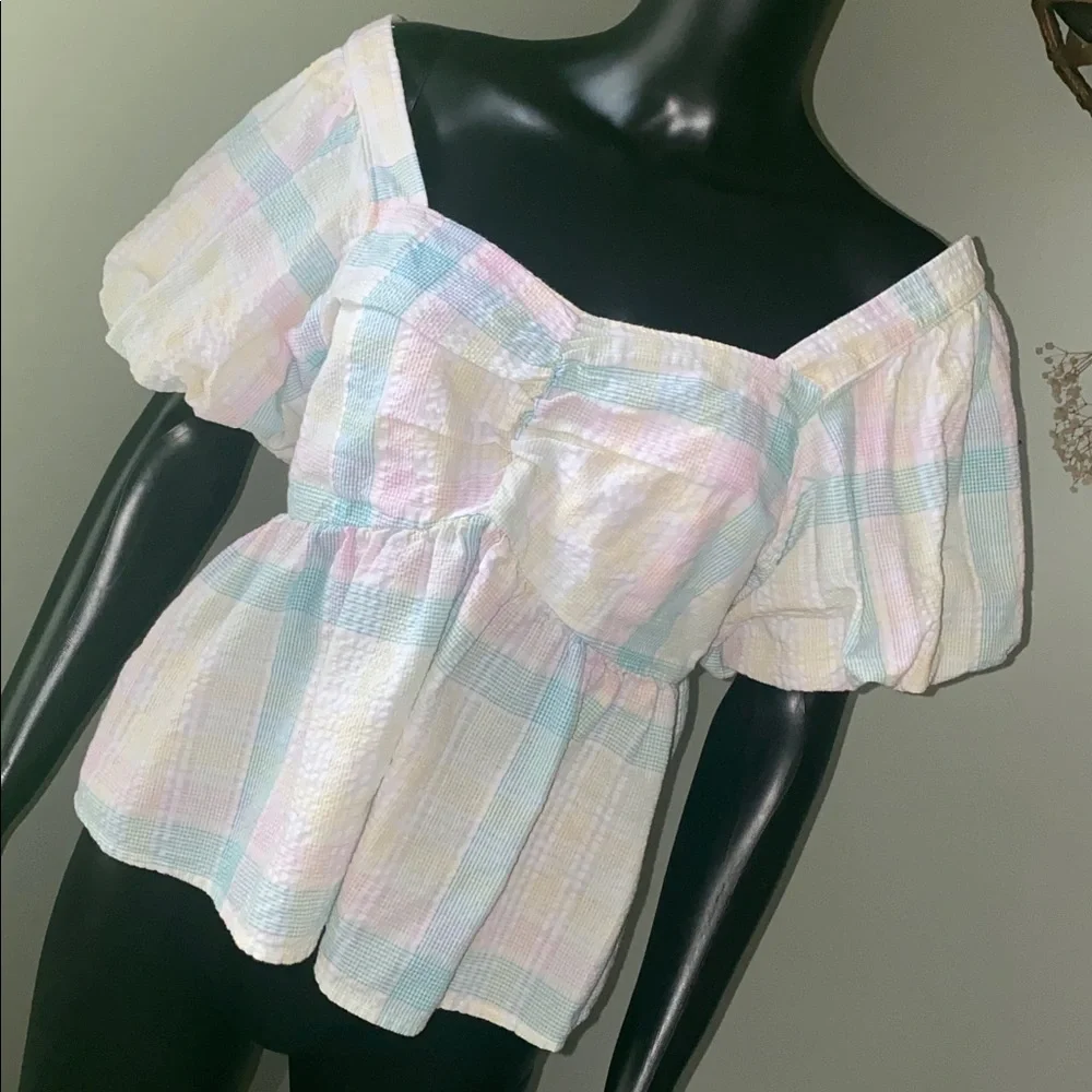 Old Navy Multicolor Plaid Puff Sleeve Blouse